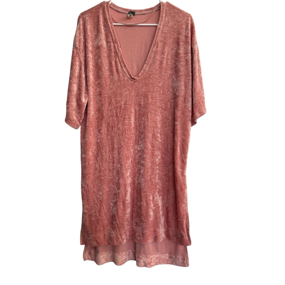 Free People Pink Crushed Velvet V-Neck Oversize Tunic Dress Women's S Shirt